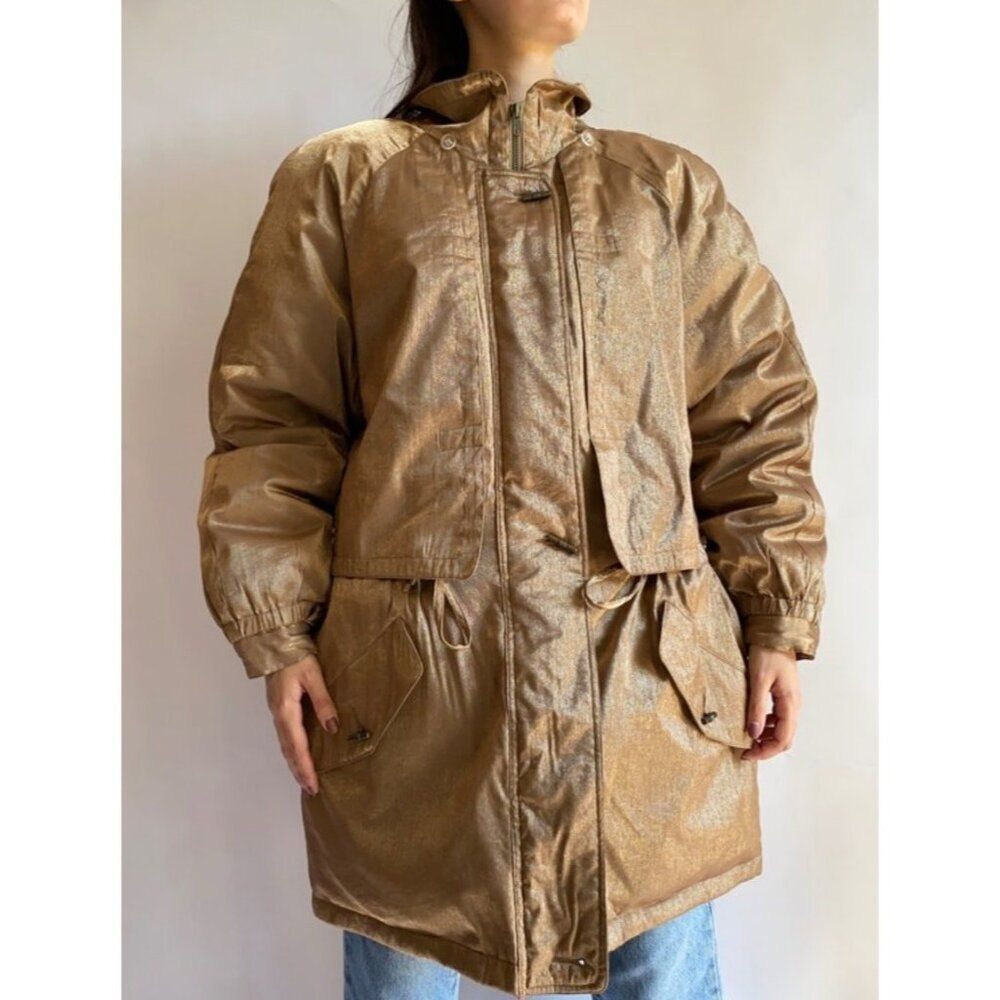 VTG Innovations Women's Gold Metallic Shimmer Puffer Coat Jacket Parka Size S